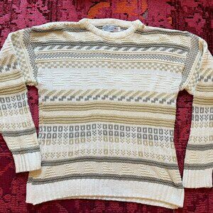Vintage-Inspired Neutral Knit Sweater – Geometric Pattern